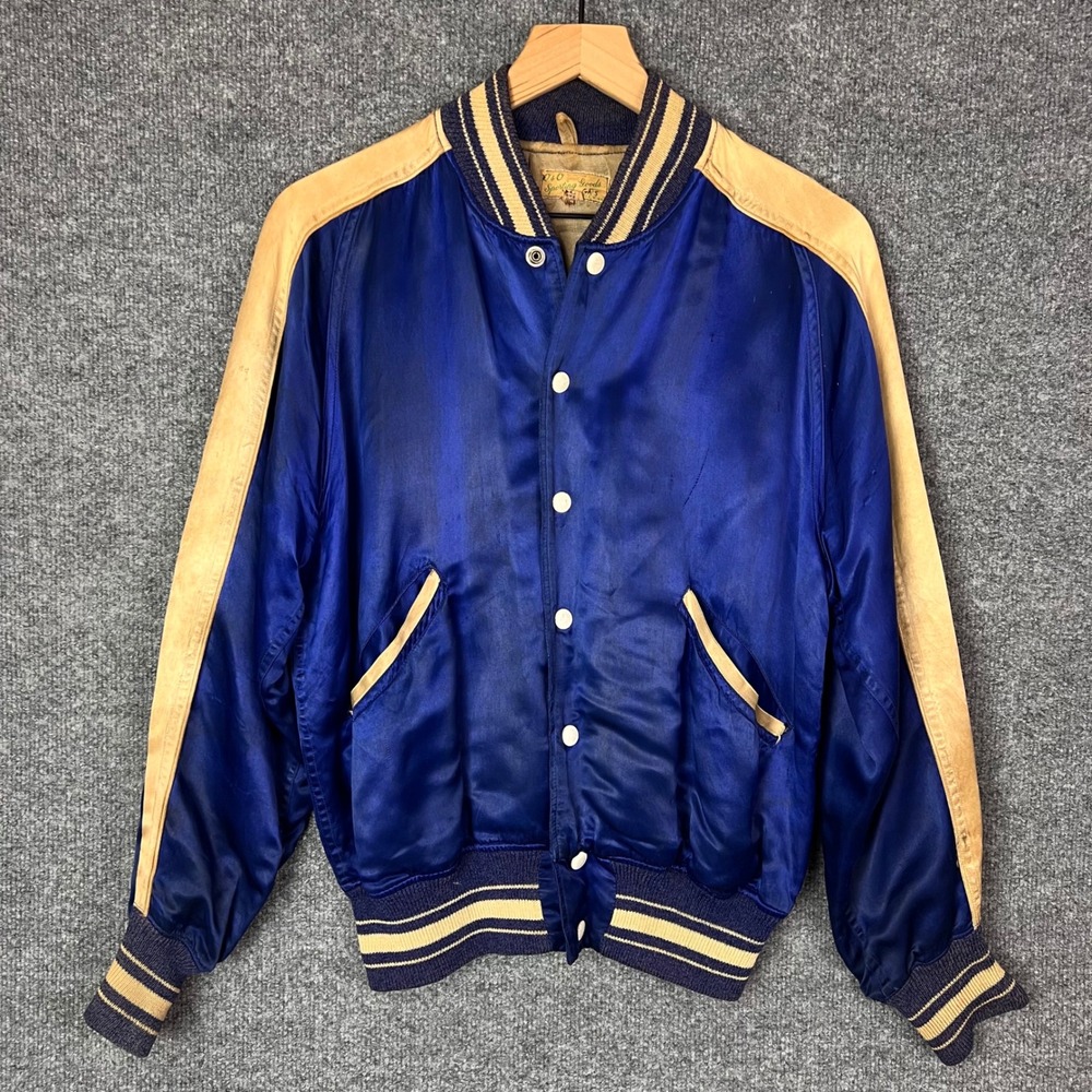 Vintage O's & O Sporting Goods Bomber Jacket Mens L Blue Good Satin Varsity Snap